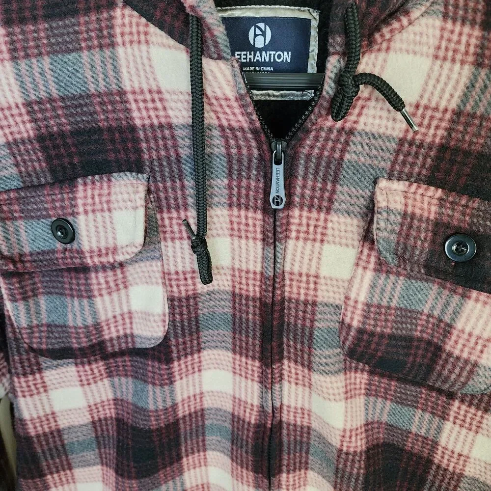 Leehanton Plaid Hooded Flannel Jacket Zip Up Sherpa Lined Red Black Men's 2XL
